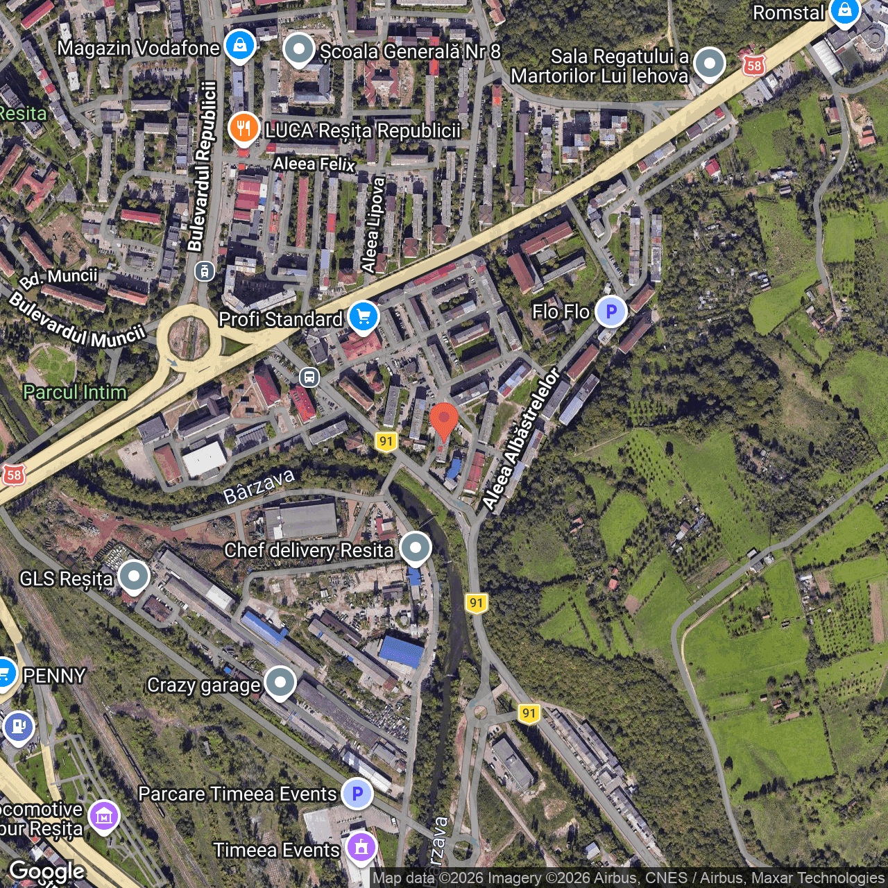 Poza harta hybrid, zoom 16, adresa Reşiţa. Str. Căminelor, nr.7, , judetul