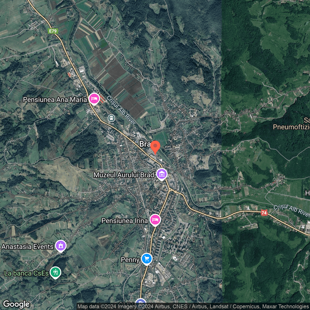 Poza harta hybrid, zoom 14, adresa Brad, Piața Avram Iancu, nr. 4-6 judet Hunedoara, , judetul