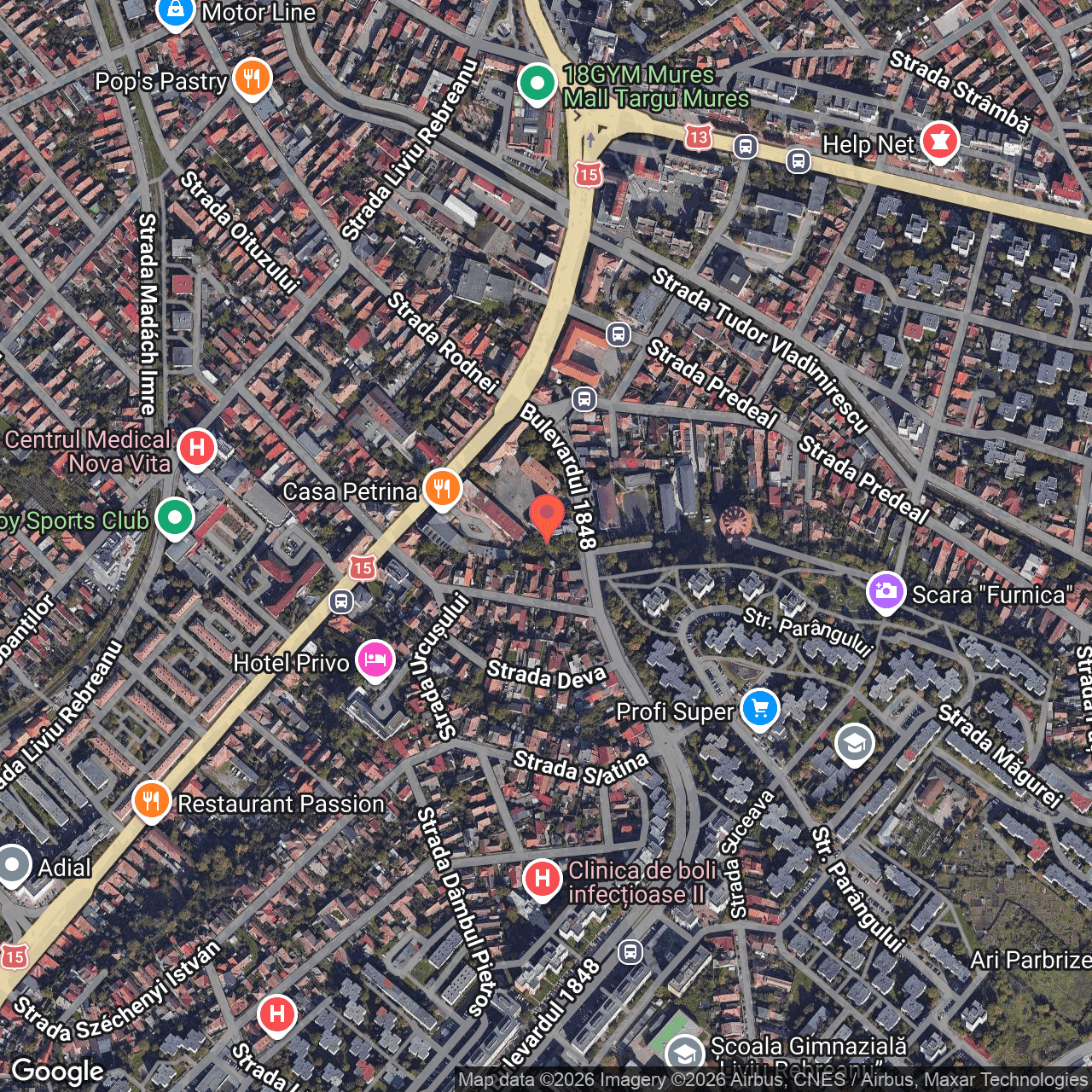 Poza harta hybrid, zoom 16, adresa Târgu Mureș, str. Gheorghe Doja nr. 15, , judetul